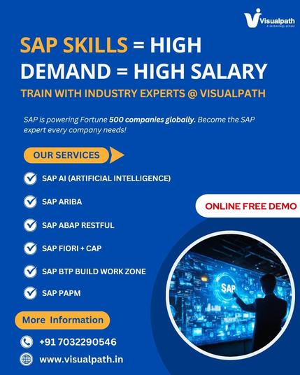 🚀 SAP Skills = High Demand = High Salary

💼 SAP is transforming businesses across the globe!
Become a certified SAP expert with Visualpath and unlock global opportunities with top companies.

🎓 Train with Industry Experts
✔️ SAP AI (Artificial Intelligence)
✔️ SAP ARIBA
✔️ SAP ABAP Restful
✔️ SAP FIORI + CAP
✔️ SAP BTP Build Work Zone
✔️ SAP PaPM (Profitability & Performance Management)

🎯 Benefits:
✅ 24x7 Recorded Access
✅ Real-Time Expert Trainers
✅ Live Projects
✅ Career Support & Certification
✅ FREE DEMO – Limited Slots!

📅 Start Your SAP Journey Now!

📲 Call: +91 7032290546
🌐 Website: https://www.visualpath.in/sap-artificial-intelligence-training.html
💬 WhatsApp: https://wa.me/c/917032290546
📘 Blog: https://visualpathblogs.com/category/sap-ariba/ 

#SAPAI #sapcloud #sapcloudplatform #sapbtp #cloudcomputing #course #softwaredeveloper #education #jobs #careers #onlinetraining #software #learnfromhome #it #clouds #sapapplications #SAPSolutions #SAPIntegration #SAPInnovation #SAPBusinessOne #saphanacloud #sapcloudapps 