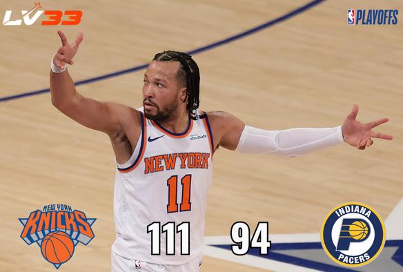 New York Knicks guard celebrates after a dominant performance in Game 5 of the NBA Eastern Conference Finals, where the Knicks defeated the Indiana Pacers 111–94, with score and team logos displayed along with LV33 and NBA Playoffs branding.