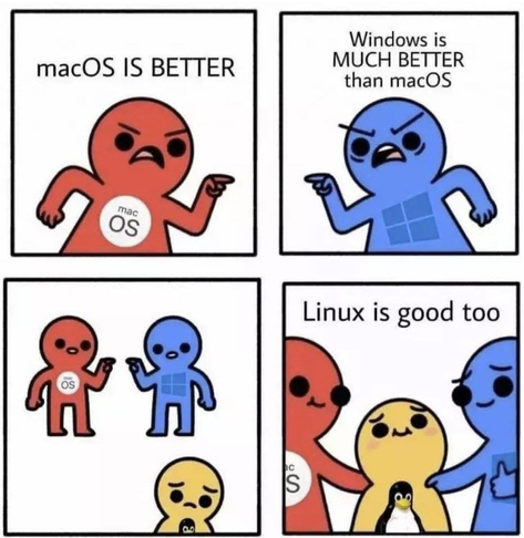 A four-panel meme showing operating system wars. Panel 1: Red macOS figure claims "macOS IS BETTER." Panel 2: Blue Windows figure counters "Windows is MUCH BETTER than macOS." Panel 3: Both look down at a small, sad yellow Linux figure. Panel 4: macOS and Windows figures tells the now happy Linux figure, saying "Linux is good too."