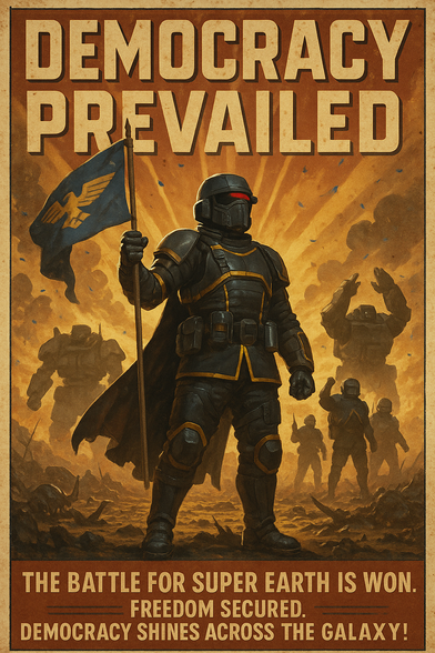 **TL;DR:** Propaganda-style poster from "Helldivers" game showing a soldier celebrating victory for "Super Earth" and democracy.

**Text Extracted:**
"DEMOCRACY PREVAILED
THE BATTLE FOR SUPER EARTH IS WON.
FREEDOM SECURED.
DEMOCRACY SHINES ACROSS THE GALAXY!"

**Image Description:**
This is a stylized propaganda poster from the video game "Helldivers." A futuristic soldier in black and gold armor stands heroically with one foot forward, holding a flag featuring a winged emblem. The background shows bright golden rays and other soldiers celebrating, with mechs and warriors in the distance. The style mimics WWII-era posters, conveying triumph and militaristic pride.
