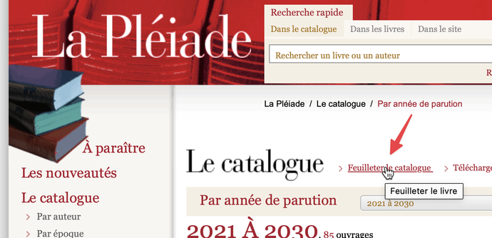 Lien « Feuiller le catalogue » sur le site Web de La Pléiade