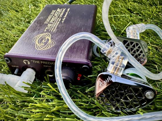 A Ray Samuels Audio "The Predator" DAC / Headphone Amplifier with the KZ AM16 In Ear Monitors resting on some artificial grass.