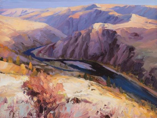 Art print of an original oil painting depicting a panoramic landscape view of rugged mountains and river.