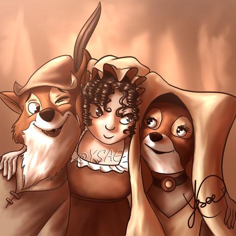 Dessin numérique représentant Little Jane embrassant Robin et Marianne du dessin animé de Disney.