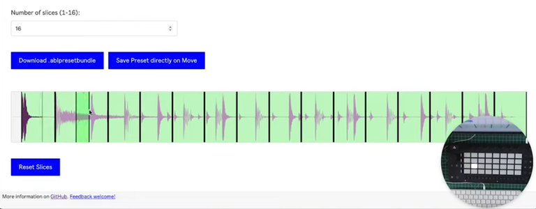 Web interface for slicing, showing number of slices, visual UI, and Ableton Move hardware.