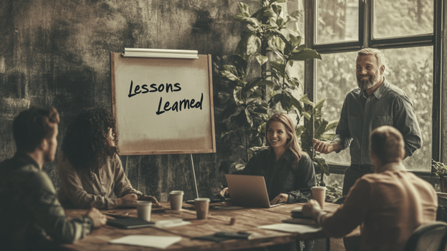 A diverse group of professionals in business casual attire, gathered in an office space with large windows and natural light. They are engaged in a lively discussion, with expressive gestures and smiling faces. One person stands next to a sign that reads "Lessons Learned" in bold, black letters on a whiteboard. Coffee cups, laptops, and notebooks are scattered on the table.