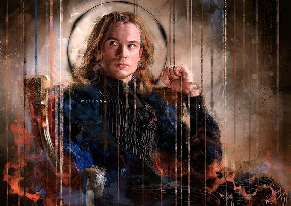 Portrait of Sam Reid as the vampire Lestat. He is sitting on an armchair, with his left elbow on the armrest and his hand closed in a fist near his face. He is making a seirous expression, looking at something to the side. He is dressed in dark colours. A black halo surrounds his head.
