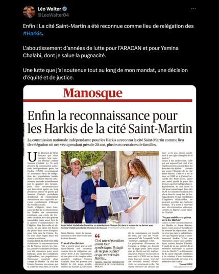 Enfin ! La cité Saint-Martin a été reconnue comme lieu de relégation des #Harkis.

L’aboutissement d’années de lutte pour l’ARACAN et pour Yamina Chalabi, dont je salue la pugnacité.

Une lutte que j’ai soutenue tout au long de mon mandat, une décision d’équité et de justice.