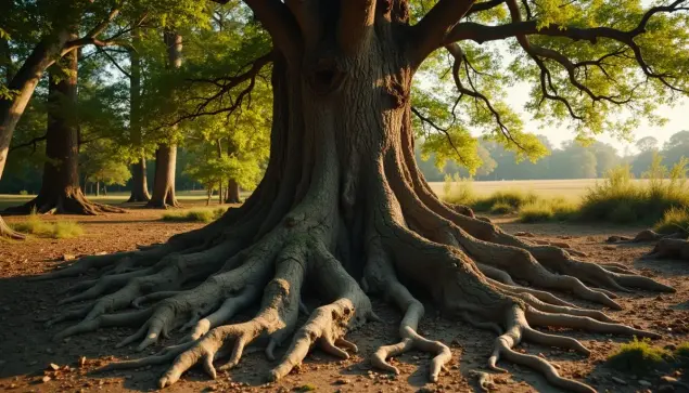 Massive ancient tree with sprawling exposed roots captures nature's resilience and beauty in warm golden sunlight.