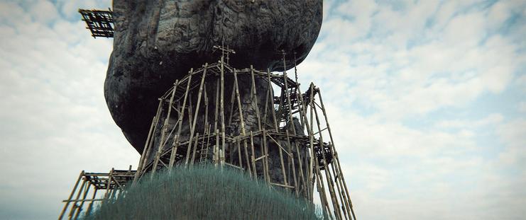 Wide shot, exterior, day -

A twisting stone spire reaching up to the clouds, standing on a small hill in a grassy plain.  Old ruins of platforms and scaffolding circle the base of the spire.