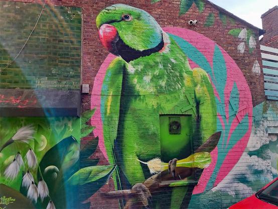 A mural covering the side of a brick building showing a parakeet surrounded by flowers. 
