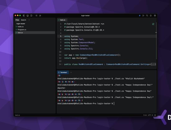 Running a dotnet run app.cs script in JetBrains Fleet. The code shows the use of Spectre.Console.Cli and some C# code.