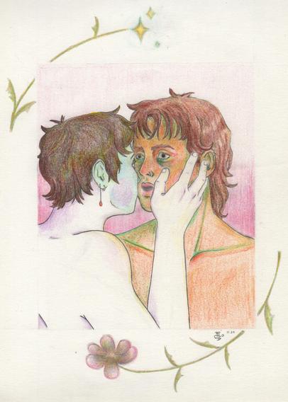 Two people about to kiss. The one on the left is mostly colored in cold hues and the one on the right mostly in orange and greens
