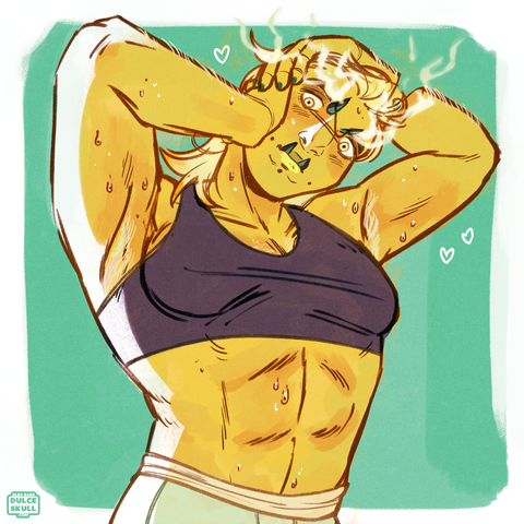 (They/Them) Sketch commission of a butchy looking character flexing for the camera, covered in sweat.