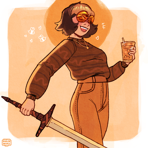 (She/Her) Sketch commission of a girl with a yummy drink and a sick fuckin' sword.
