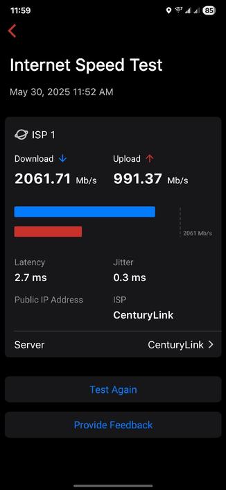 Screenshot of a speed test from my router app, showing two gigs down and one gig up