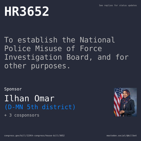 Description of HR3652, and a depiction of its sponsor, Ilhan Omar.