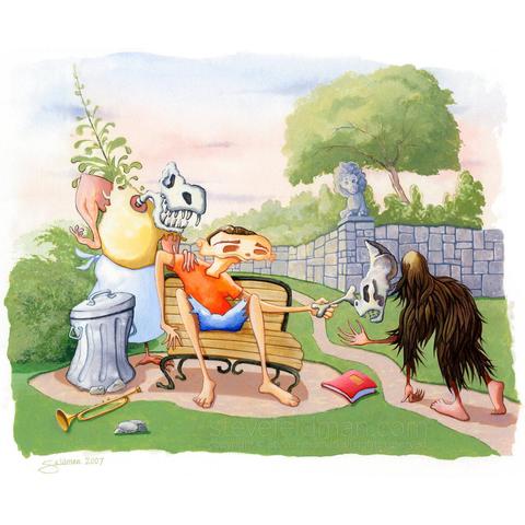 My watercolor painting titled “The Fossil Forum” features three spooky figures in a park setting.