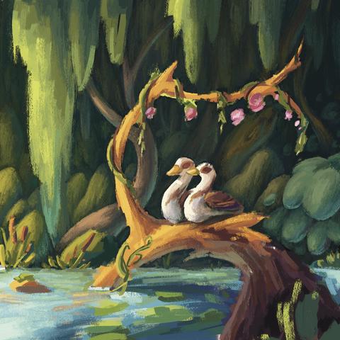 Unfinished digital illustration: two happy Egyptian geese are sitting on the bent trunk of a dead tree peaking out of water. The dense greenery in the background looks dark (but softer than in the previous post), but the warm sunbeam that’s hitting the birds give a magical look to the scene.