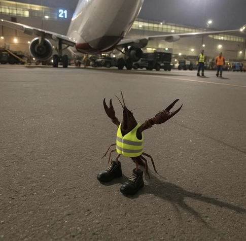 A lobster in a reflective jacket looking like he is one of the airport grounds crew.