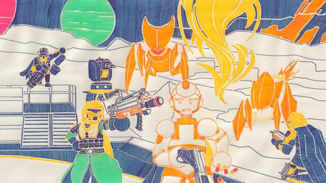 Fountain pen illustration of an orange robot reloading the Break-Action Shotgun in the middle of a Helldivers II game. Across the frame are Alpha Commander and Hive Guard Terminids. Helldiver soldiers brandish weapons such as the Recoilless Rifle and the Cookout shotgun. One player points a Cookout at the robot’s head.
