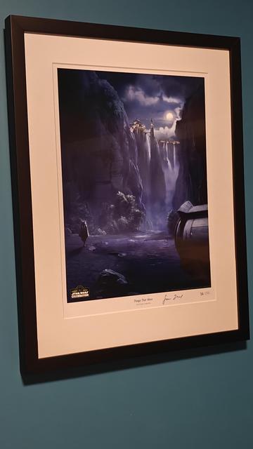Eit innramma kunsttrykk på ein blå vegg. Motivet er eit landskap om natta, opplyst av ein måne. Vi ser fjell, vatn, fossar og ein by i det fjerne. Vi kjenner att byen som Theed på planeten Naboo. Ein hettekledd togruta (Ahsoka) går langs elva mot eit stjerneskip.