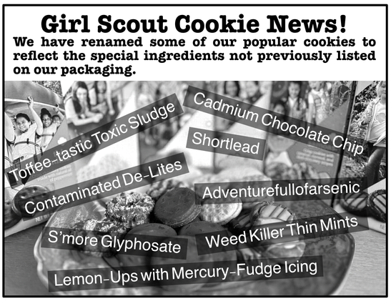 Black and white mock ad for girl scout cookies, saying, "Girl Scout Cookie News!
We have renamed some of our popular cookies to reflect the special ingredients not previously listed on our packaging." with a picture of packages in the back and cookies on a plate with phrases super-imposed like ""Contaminated De-Lites," "Toffee-tastic Toxic Sludge" and "S'more Glyphosate."
