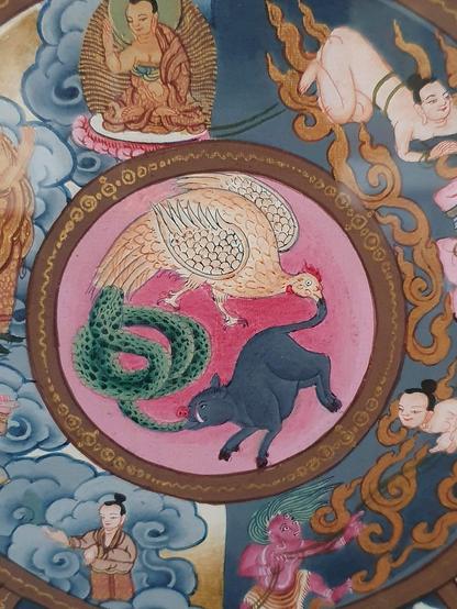 The Three Poisons depicted at the hub of bavacakra (Wheel of Life), from a thangka by ran Kumar lama. The Three Poisons are commonly symbolized by a pig (delusion), a snake (hatred), and a rooster (greed). Source: Wikimedia Commonsꜛ (license: CC BY-SA 4.0)