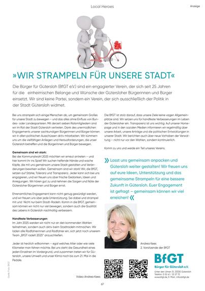 Auf einer Zeitschriftenseite ist ein Artikel über den Verein Bürger für Gütersloh (BfGT) zu sehen, mit Text und einem Foto einer lächelnden Person, die einen Fahrradreifen hält.