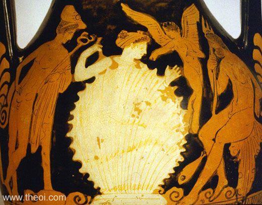 Aphrodite is born from a cockle shell--symbolising the castrated members of Uranus--at sea. Eros or Himeros flutters by her side. To her left stands Hermes holding a herald's wand (kerykeion) with his arm resting on a plinth. To her right Poseidon is seated with a trident and fish.