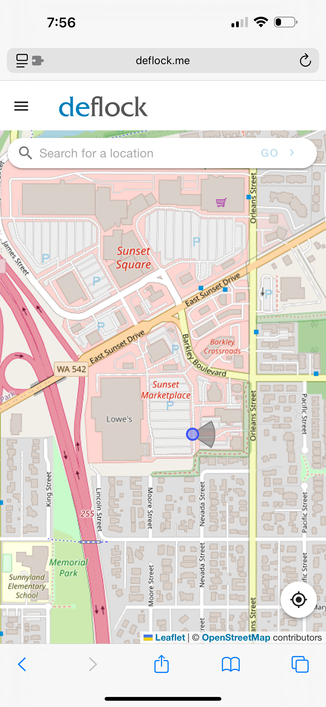 OpenStreetMap view of Bellingham, Washington, Sunset Square shopping area. A pin indicating the orientation of a license plate reader camera is shown in the Lowes parking lot. 