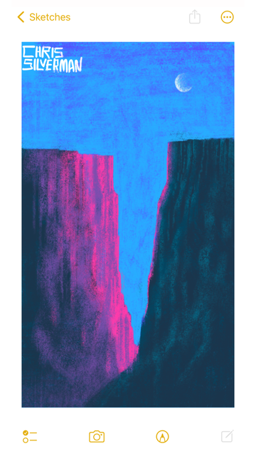 A vast chasm between two steep, craggy sides of a cliff. The left cliffside is crimson with sunlight, fading to purple; the right cliff is mostly in shadow, with a thin edge of crimson on the left edge. The sky is blue. A pale, round moon sits in the top right of the sky. The painting is signed "Chris Silverman".