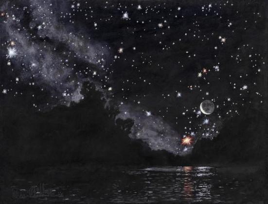 Painting of a black night sky full of stars and the Milky Way, with a thin crescent moon. Below are dark silhouettes of trees and water reflecting the stars and moon above.