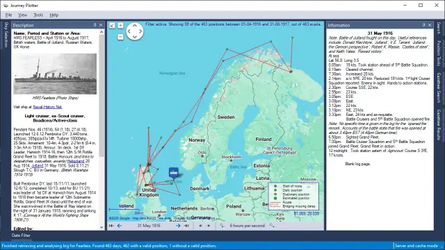 Screenshot of Journey Plotter showing the 1916-1917 journey of HMS Fearless, and the events recorded in her log-book for 31 May 1916.