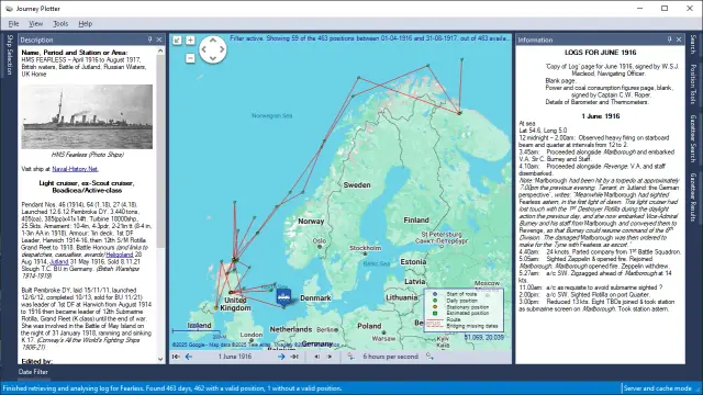 Screenshot of Journey Plotter showing the 1916-1917 journey of HMS Fearless, and the events recorded in her log-book for 1 June 1916.