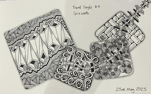 Rectangular travel journal page with patterns mostly confined to four smaller squares drawn at varying angles and overlapping each other.  