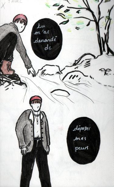 Part 1 : someone slouching near a river
Text : "You asked me to" 

Part 2 : the person is standing
Text : "overcome my fears"