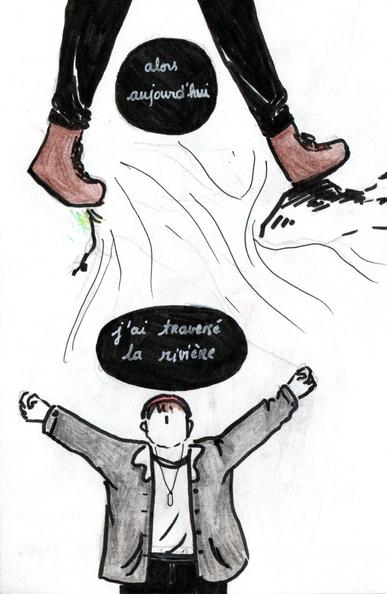 Part 3 : close-up of feet on two different rocks, the river passing between them
Text : "So today" 

Part 4 : the person joyfully extending their arms up
Text : "I crossed the river"