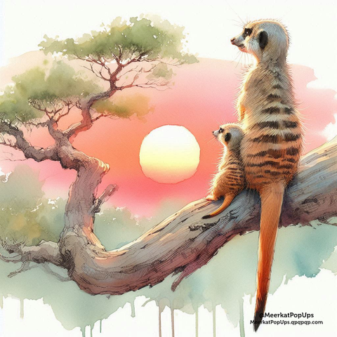 これはAI生成画像です。画像は水彩画のようなスタイルで描かれており、大きな木の枝の上に母ミーアキャットと赤ちゃんミーアキャットの2匹が座っています。2匹は沈む夕日を見ており、背景には鮮やかなオレンジ色からピンク色に染まる大きな夕日が描かれています。

This is an AI-generated image. The image is rendered in a watercolor-like style, depicting a mother meerkat and a baby meerkat sitting on a large tree branch. The two meerkats are looking at the setting sun, and a large sunset, colored vibrantly from orange to pink, is depicted in the background.
