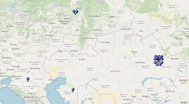 Kartierung aller Koordinaten der sowjetischen Nucleartests von 1969 Quelle: OpenStreetMap Lizenz: Open Data Commons Open Database-Lizenz (ODbL)