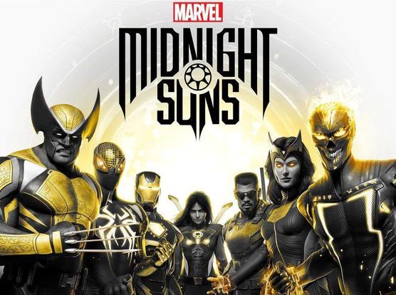 The Midnight Suns Logo above a line-up of characters. From left to right: Wolverine, Spider-Man, Iron Man, The Hunter, Blade, Scarlet Witch and Night Rider.