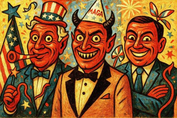 This image is a colorful cartoon-style drawing of three smiling men at a party. The man on the left wears a blue suit with stars, a bow tie, and a red, white, and blue top hat like Uncle Sam. He has a party blower in his mouth. The man in the middle has red skin, sharp teeth, devil horns, and pointy ears. He wears a light brown suit with a black bow tie and a party hat that says “MAGA.” The man on the right wears a blue suit and tie. He has a wide smile and a red devil tail behind him. The background is full of bright yellow, red, and blue fireworks, stars, and confetti. The style is exaggerated and strange, with big eyes and strong facial expressions. The picture may be a political cartoon.