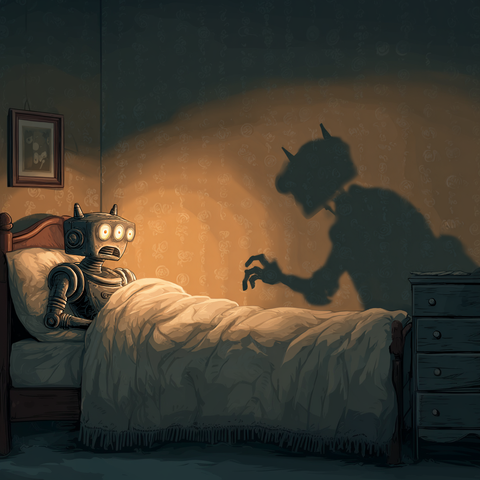 Midjourney Prompt: a scary cartoon style, a lying sleeping robot and its scary shadow projected onto a wall --v 7