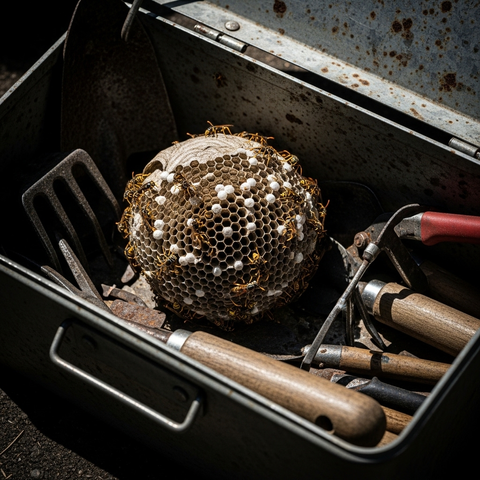 An AI generated photo of an overhead close-up shot of an open, weathered metal toolbox containing garden tools, with a large, spherical wasp nest covered in live wasps nestled in the center.