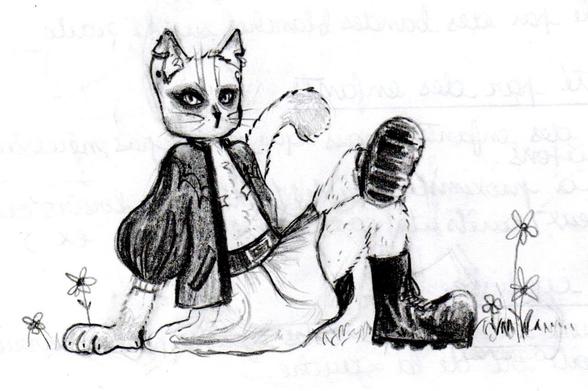 Pencil drawing
An antromorphic cat sitting in the grass. They wear a bomber, a skirt and combat boots. They have earring piercings and heavy eyeshadow