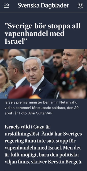 Picture a screenshot from this article: (in swedish)
https://www.svd.se/a/Pp89Qb/sverige-bor-stoppa-all-vapenhandel-med-israel-skriver-debattor