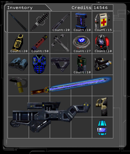 An inventory screen containing:
Augmentation Upgrade Canister
Rebreather
PS20
Binoculars
Mini-Crossbow
Thermoptic Camo
Dragon's Tooth Sword
Guided Explosive Projectile (GEP) Gun
Pepper Gun
Gas Grenade (Count: 10)
Stealth Pistol
Lightweight Attack Munitions (LAM) (Count: 10)
Bioelectric Cell (Count: 27)
Flare (Count: 50)
Multitool (Count: 20)
Medkit (Count: 15)
Electromagnetic Pulse (EMP) Grenade (Count: 10)
Lockpick (Count: 20)
Riot Prod
Baton
