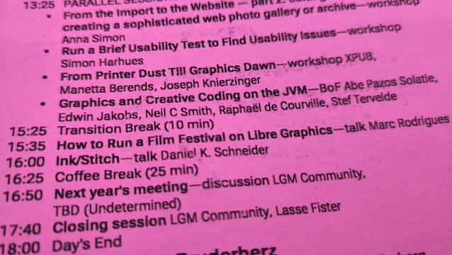 Saturday's programme at the Libre Graphics Meeting. Photographed from the badge.