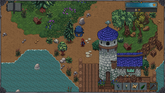 Screenshot of the beach area from the game Daughter of Crone, featuring the main character and a crab-like creature known as the Saltsnapper.