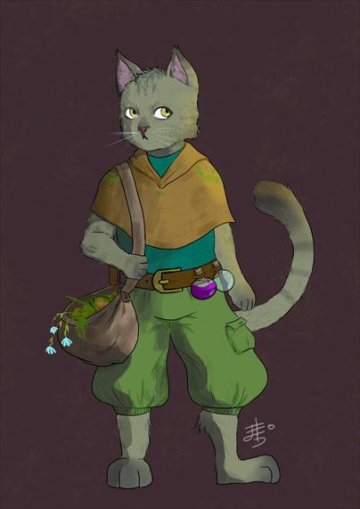 Digital
An anthropomorphic grey cat with a bag full of plants and a belt of potions